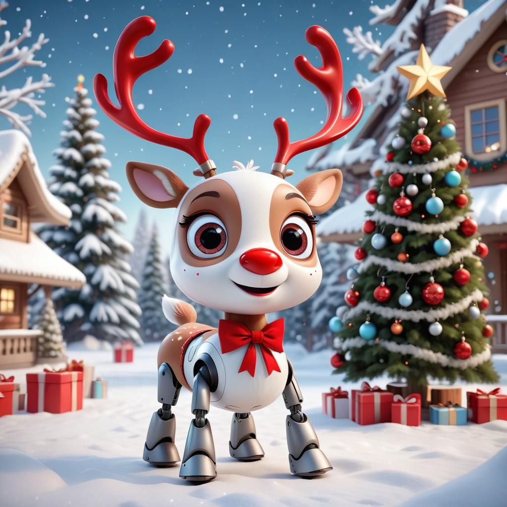 Disney Pixar style 3D character adorable robot reindeer, with big expressive eyes, wearing a big red bow and jingle bell...
