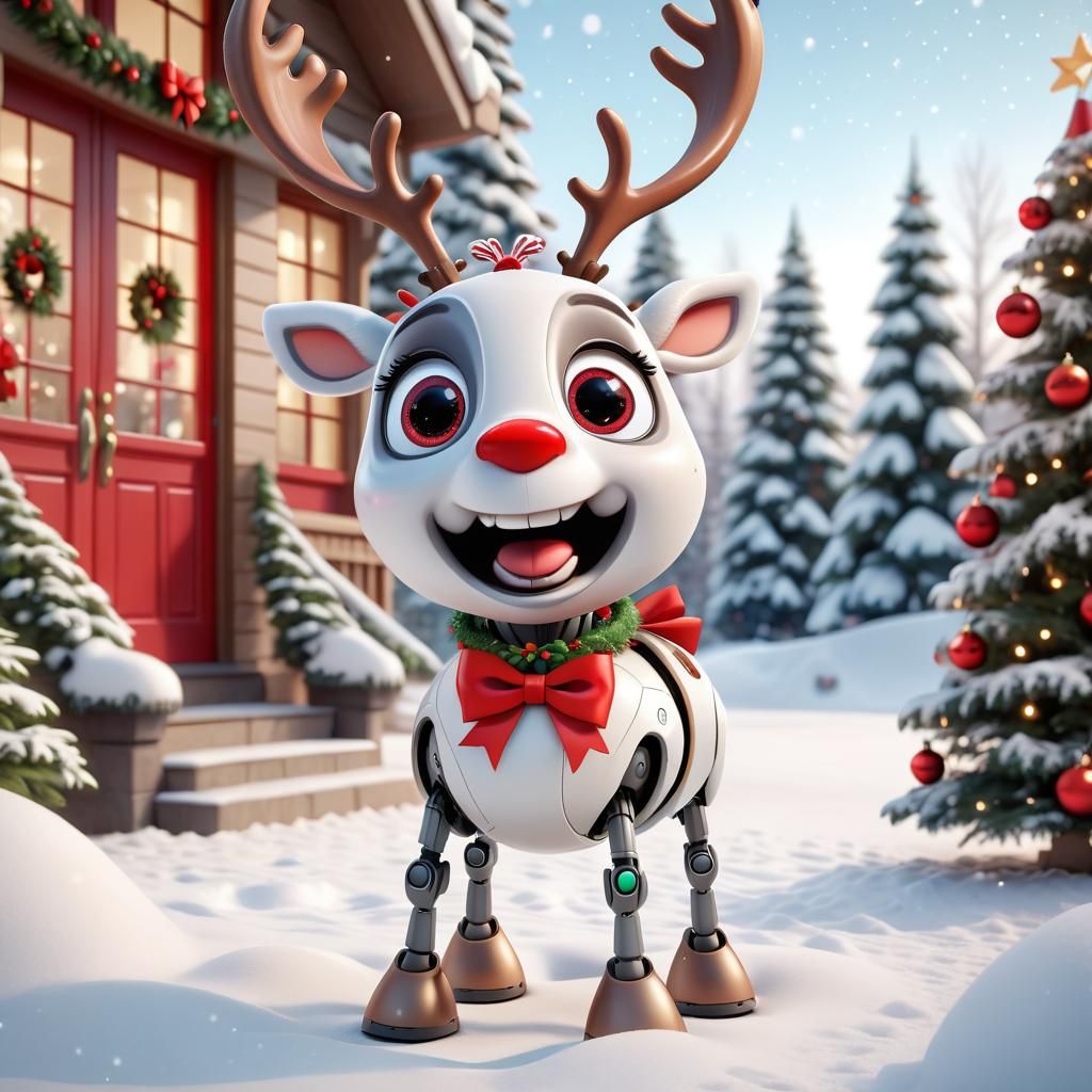Disney Pixar style 3D character adorable robot reindeer, with big expressive eyes, wearing a big red bow and jingle bell...