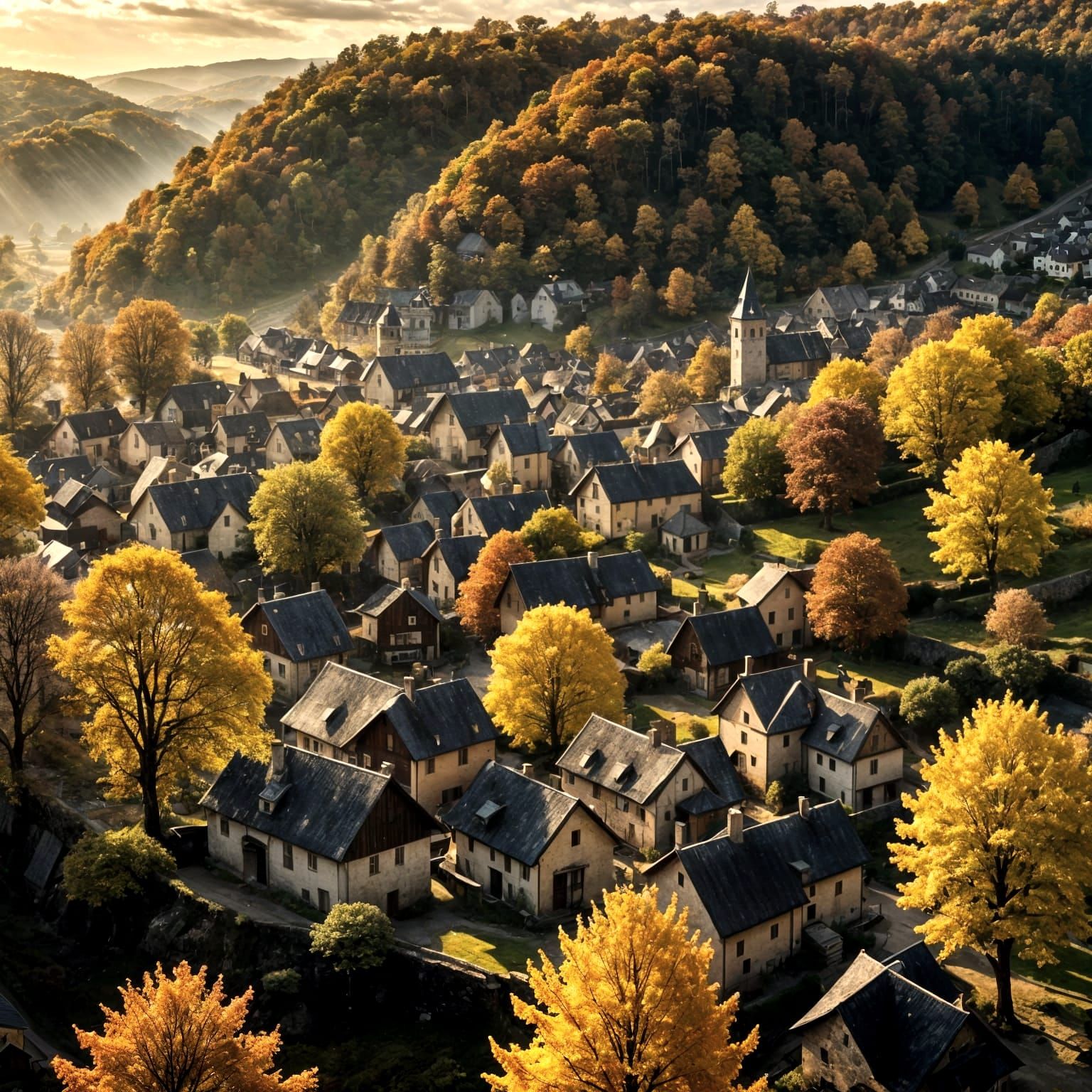 Autumn Village: Hyperrealistic Landscape Photography