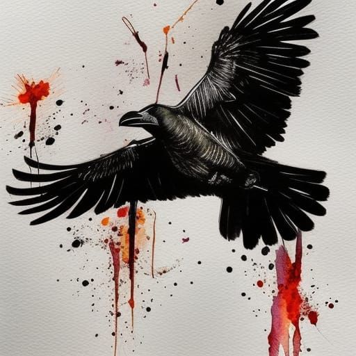 Crow in Flight: Sinister Watercolour Painting