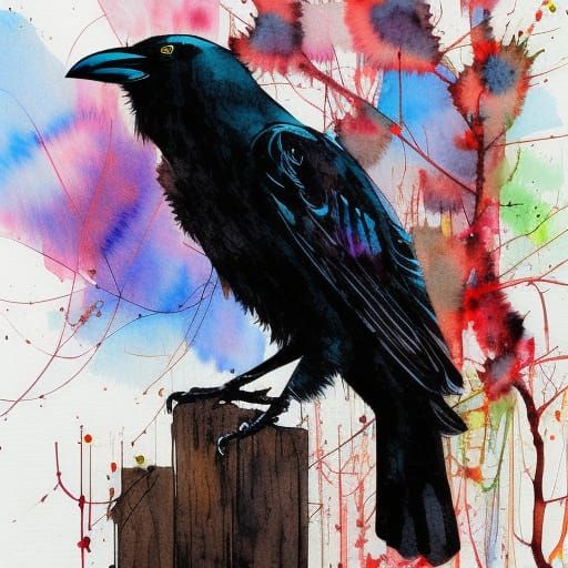 Crow in Flight Watercolor Painting