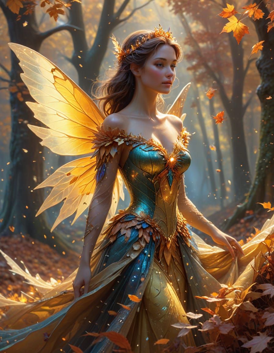 Ethereal Fairy in Autumn Forest with Leaf Gown