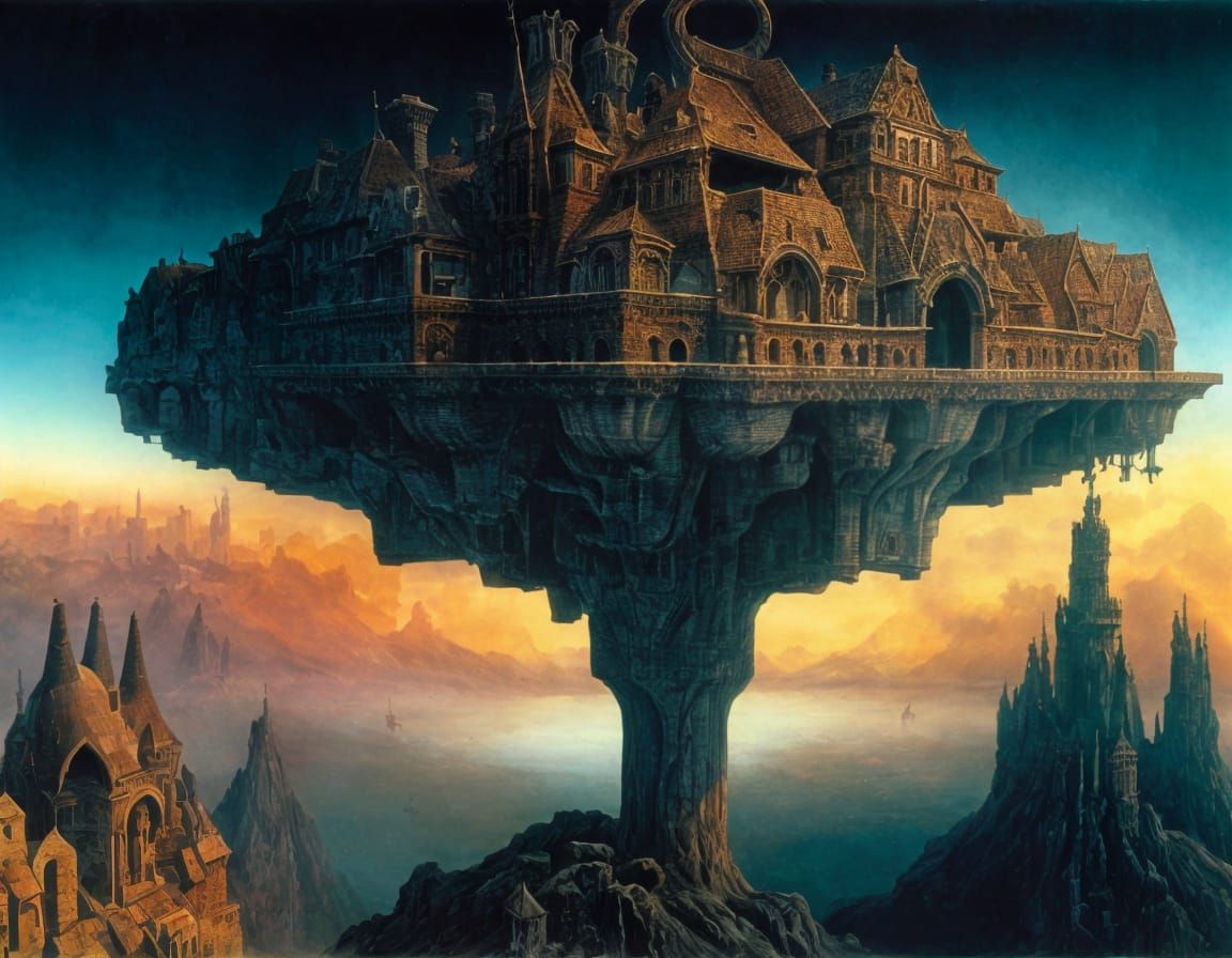 Surreal Castle with Drawbridges: A Dark Landscape