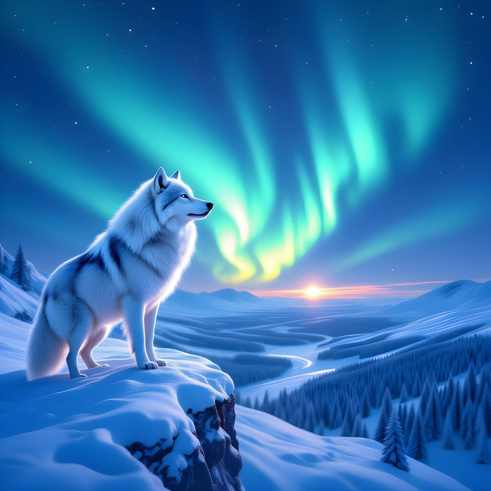 Majestic White Wolf Under Northern Lights on Frozen Cliff