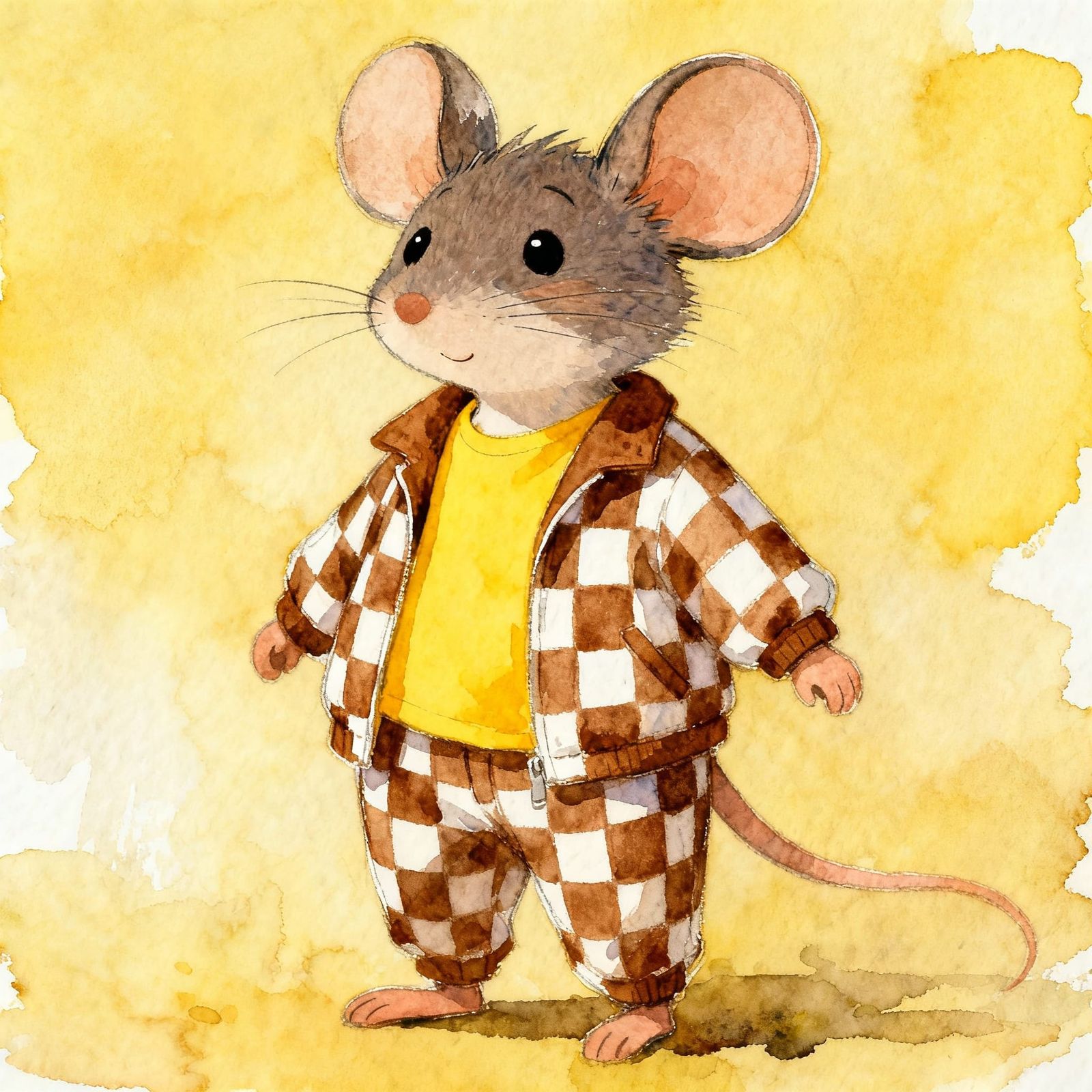 Cartoon Mouse in Checked Outfit in Watercolour Style