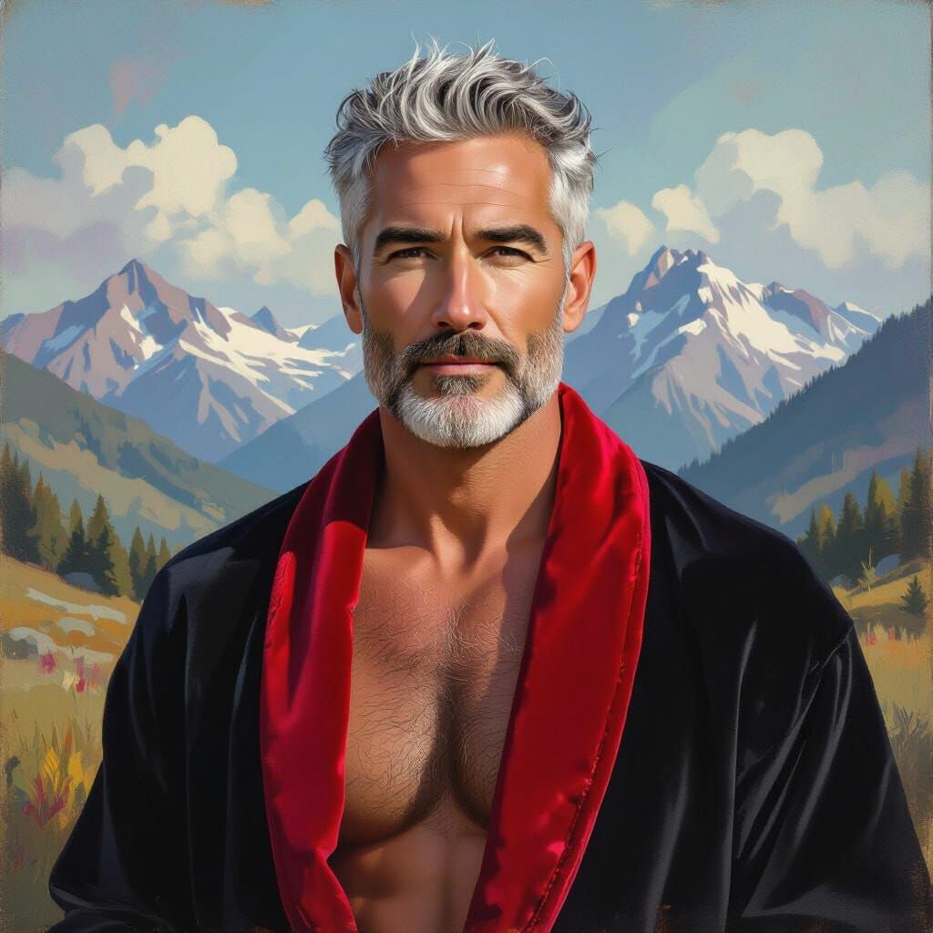 Silver Fox in Velvet Robe: Impressionist Portrait