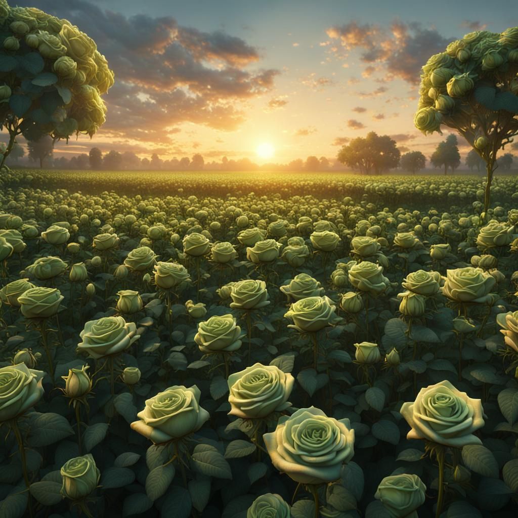 Sunrise Over Green Roses: Detailed Matte Painting