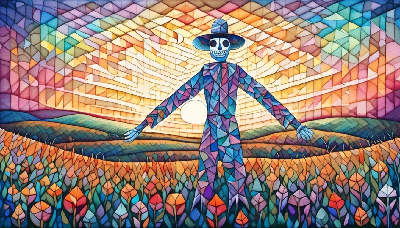 Geometric Scarecrow in Field, Watercolour Line Drawing