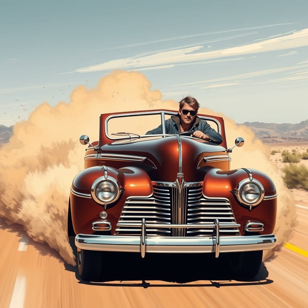 Vintage Hot Rod Lincoln Speeds Down Desert Highway