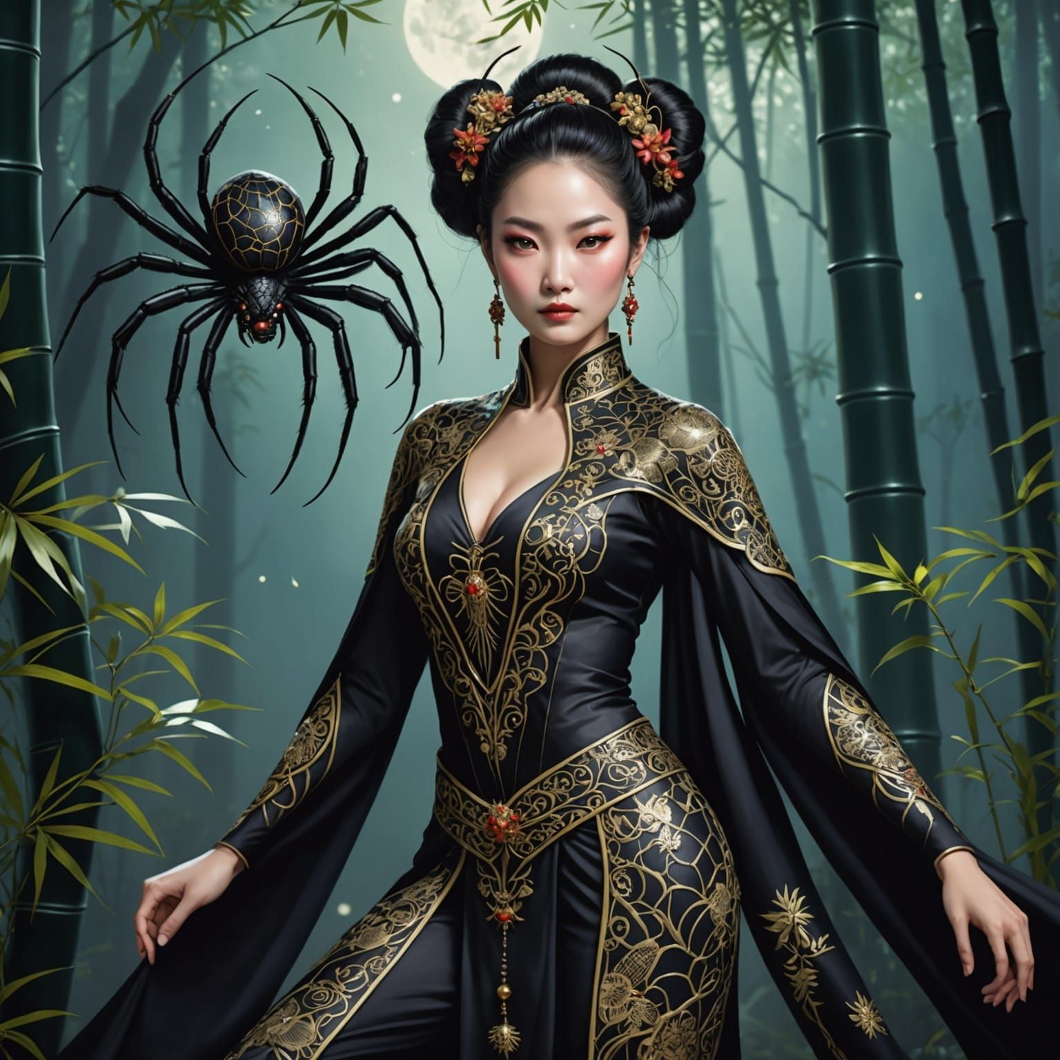 Mystical Spider-Woman in Bamboo Forest