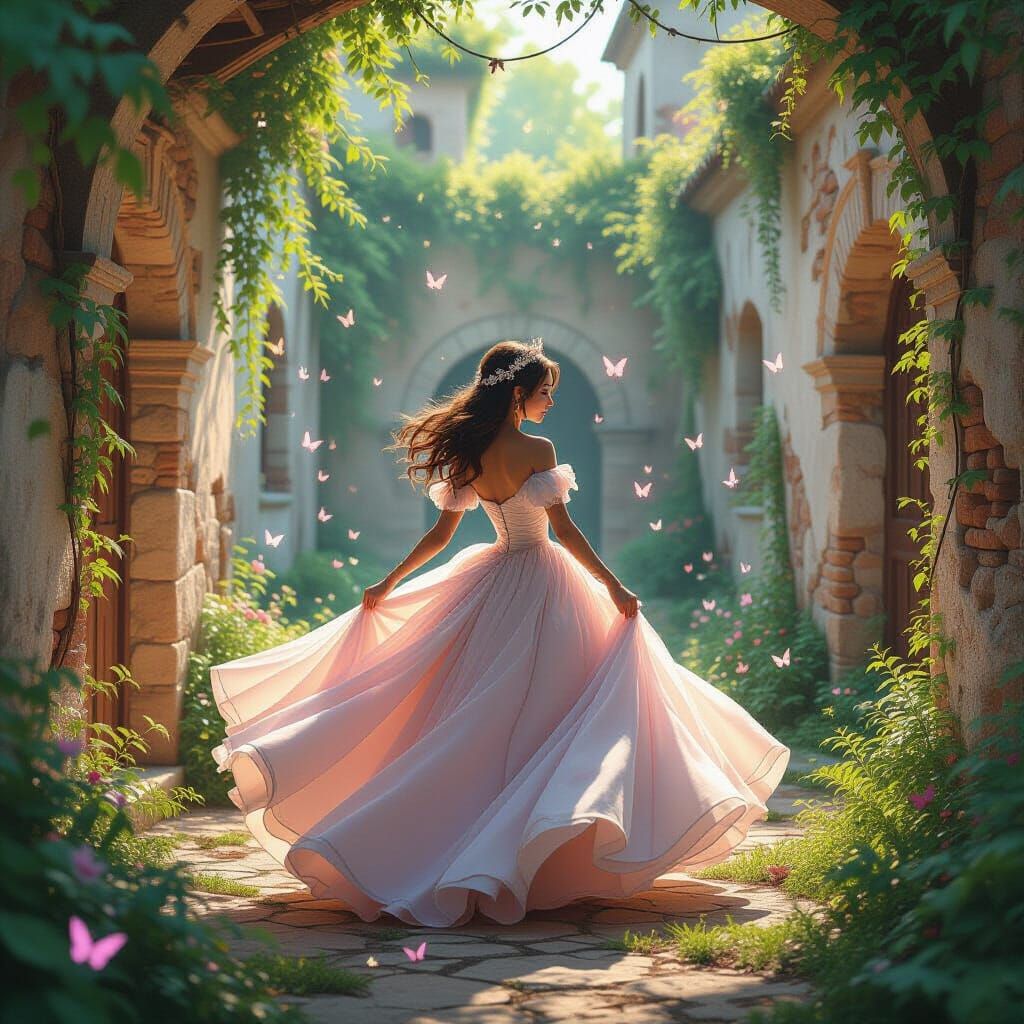 Pastel Princess Twirling in Enchanted Courtyard