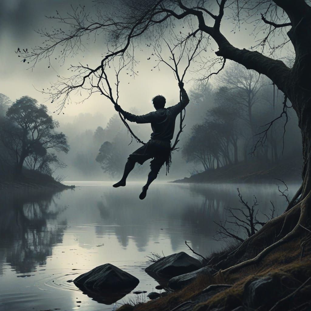 Ominous Lakeside Scene in Dark Watercolor Style