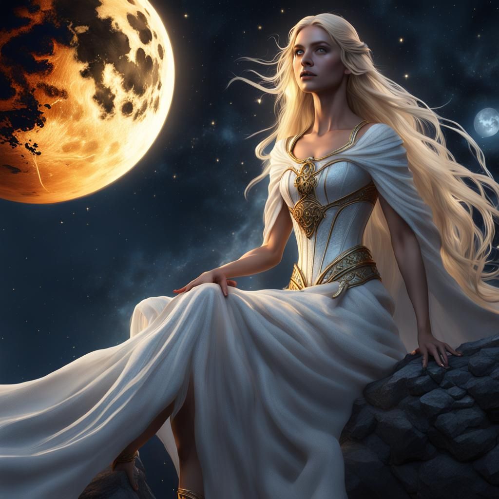 Goddess with Flowing Hair in Starlight: Fantasy Art
