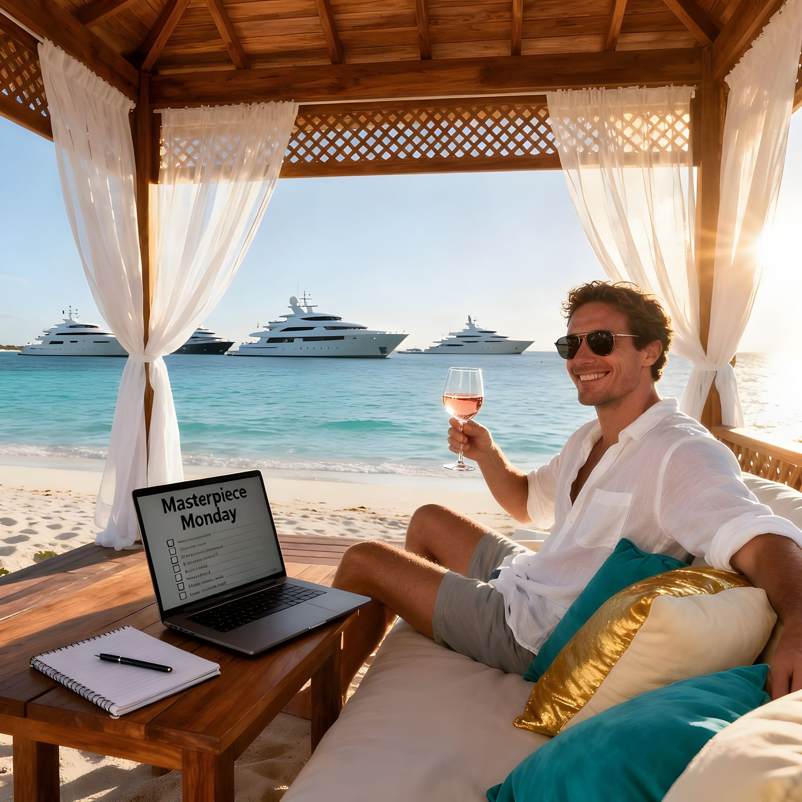 Man Enjoys Rosé in Luxury Beach Cabana on Masterpiece Monday