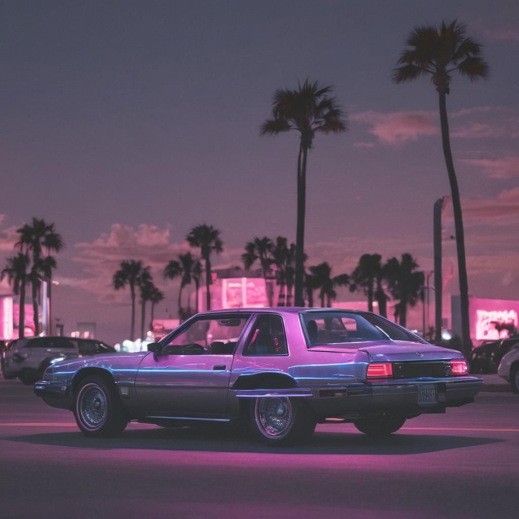 Vaporwave Holographic Neon Car Show in 80s Miami