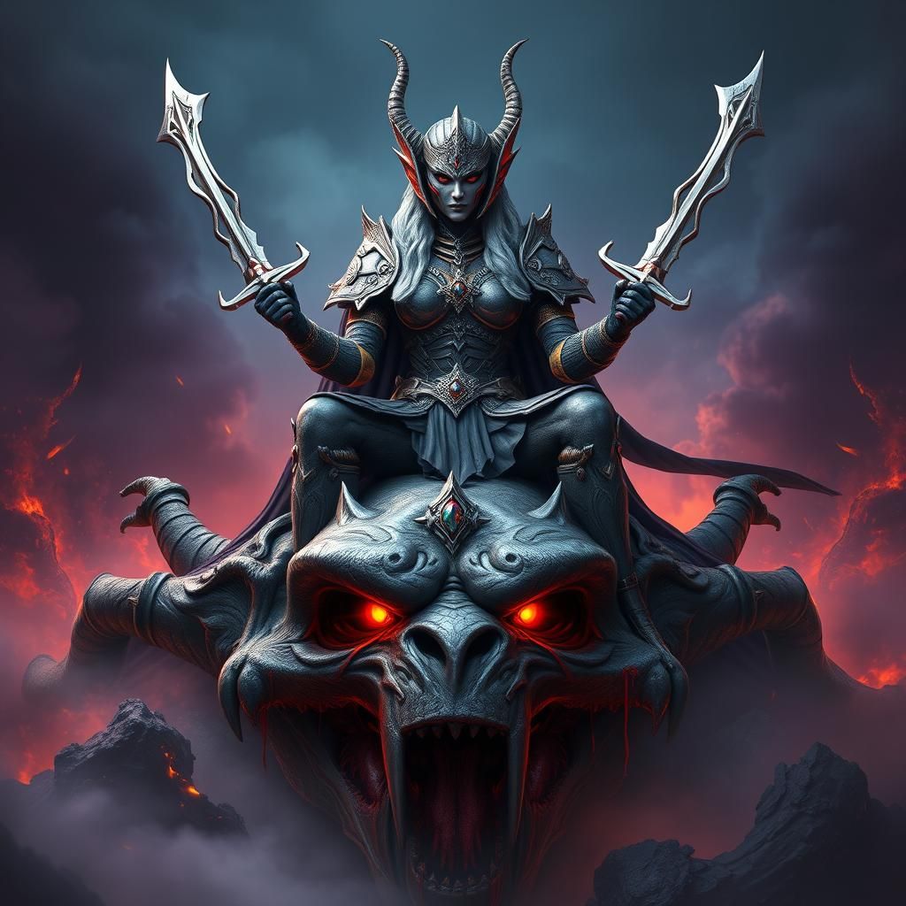 Elf Queen on Troll Head in Hyperreal Detail