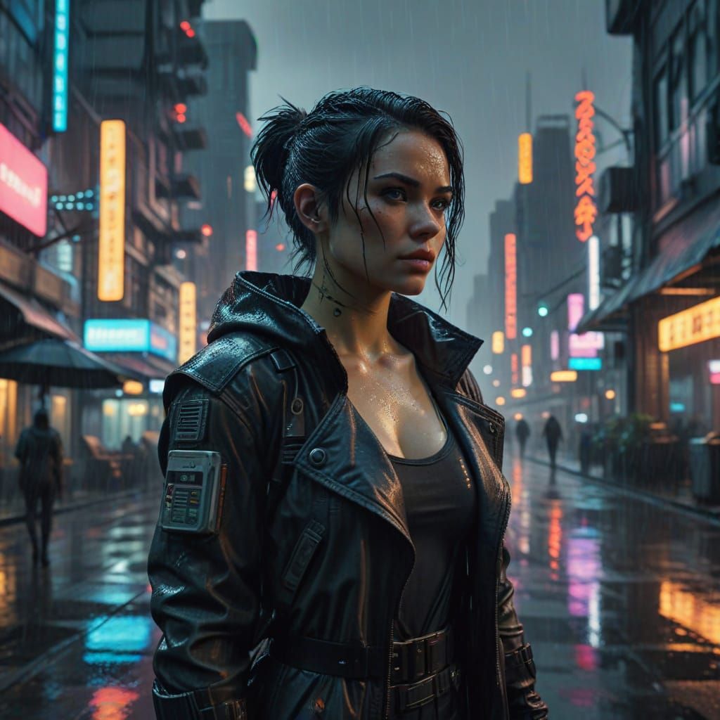 Cyberpunk Female Protagonist on a Rainy Evening