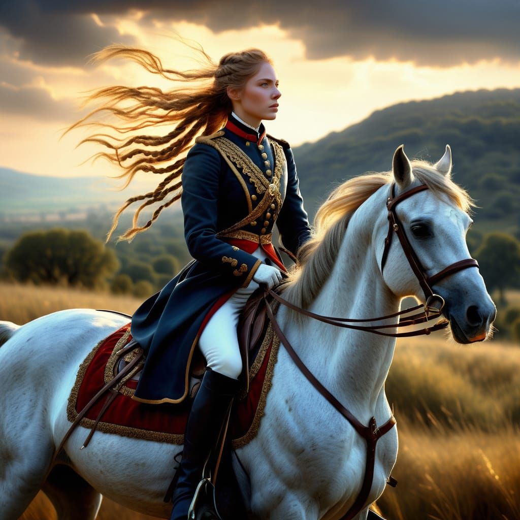 Woman in Napoleonic Cavalry Attire as Oil Painting