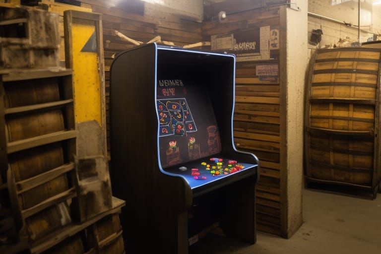 Dusty Warehouse Interior with Vintage Arcade Machine