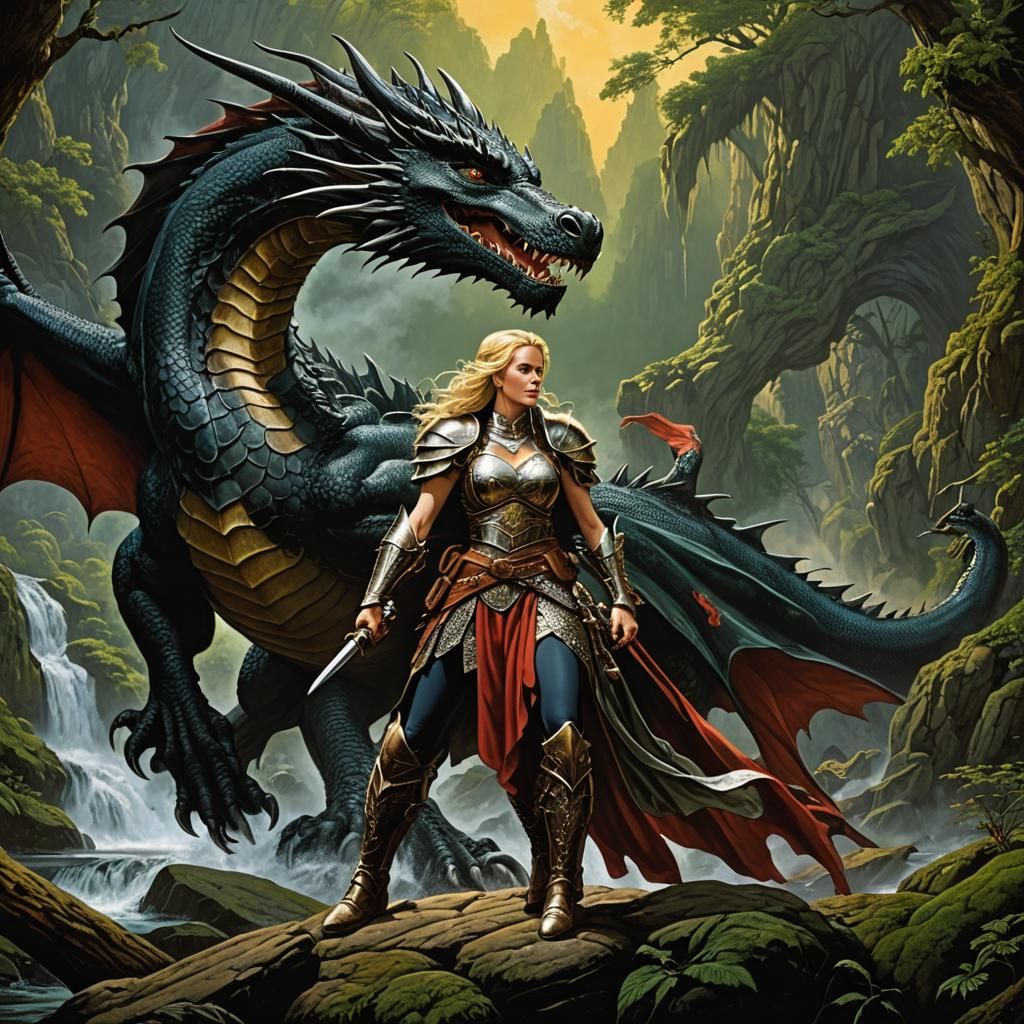 Fantasy Lady and Dragon in Detailed Painting