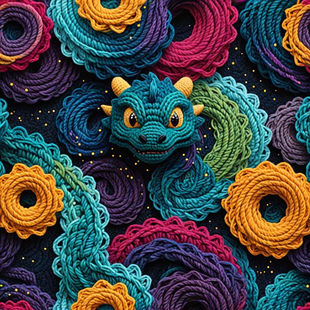 Crochet Yarn Dragon Amidst Cosmic Aurora