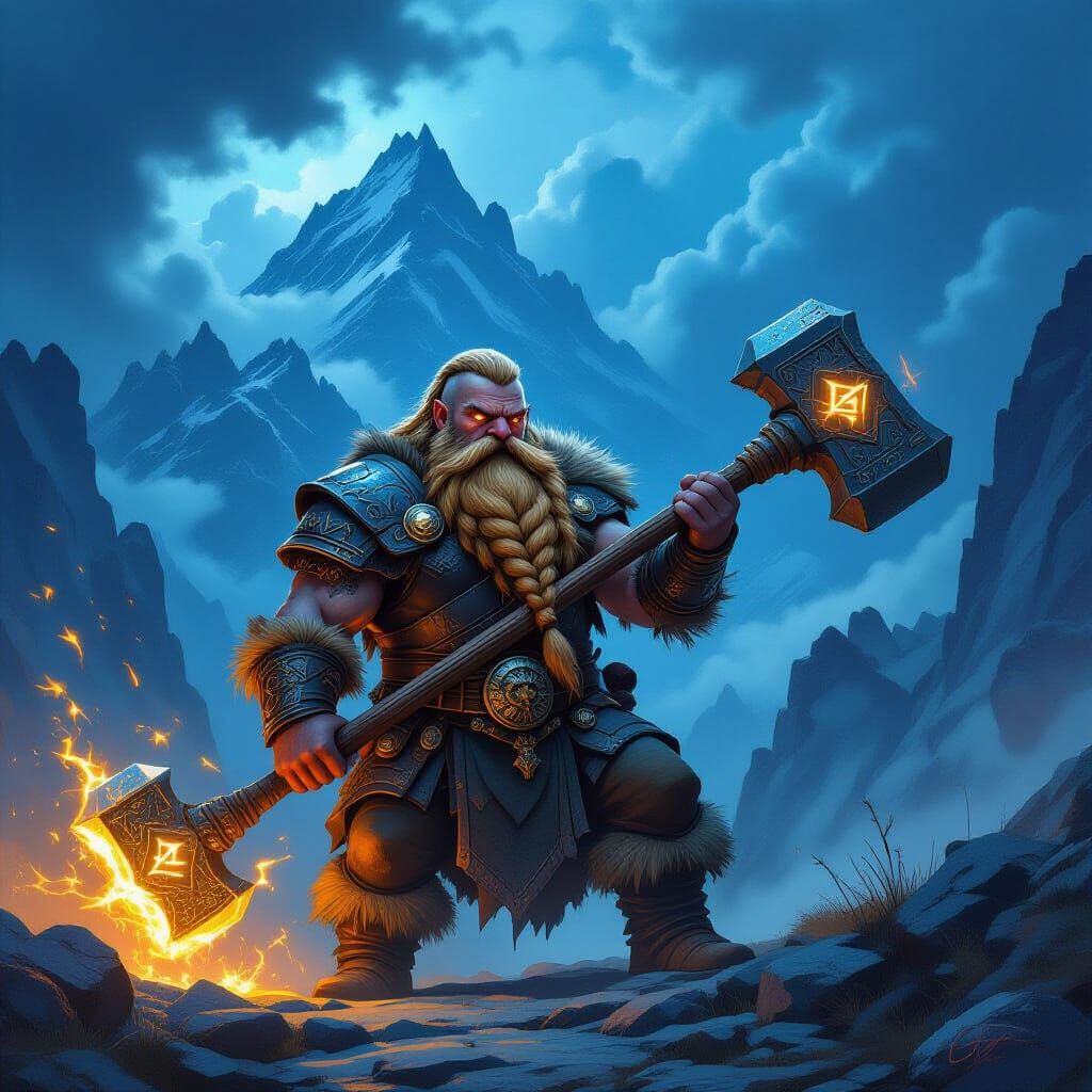 Dwarf Father Guarding Mountain Pass with Rune Warhammer