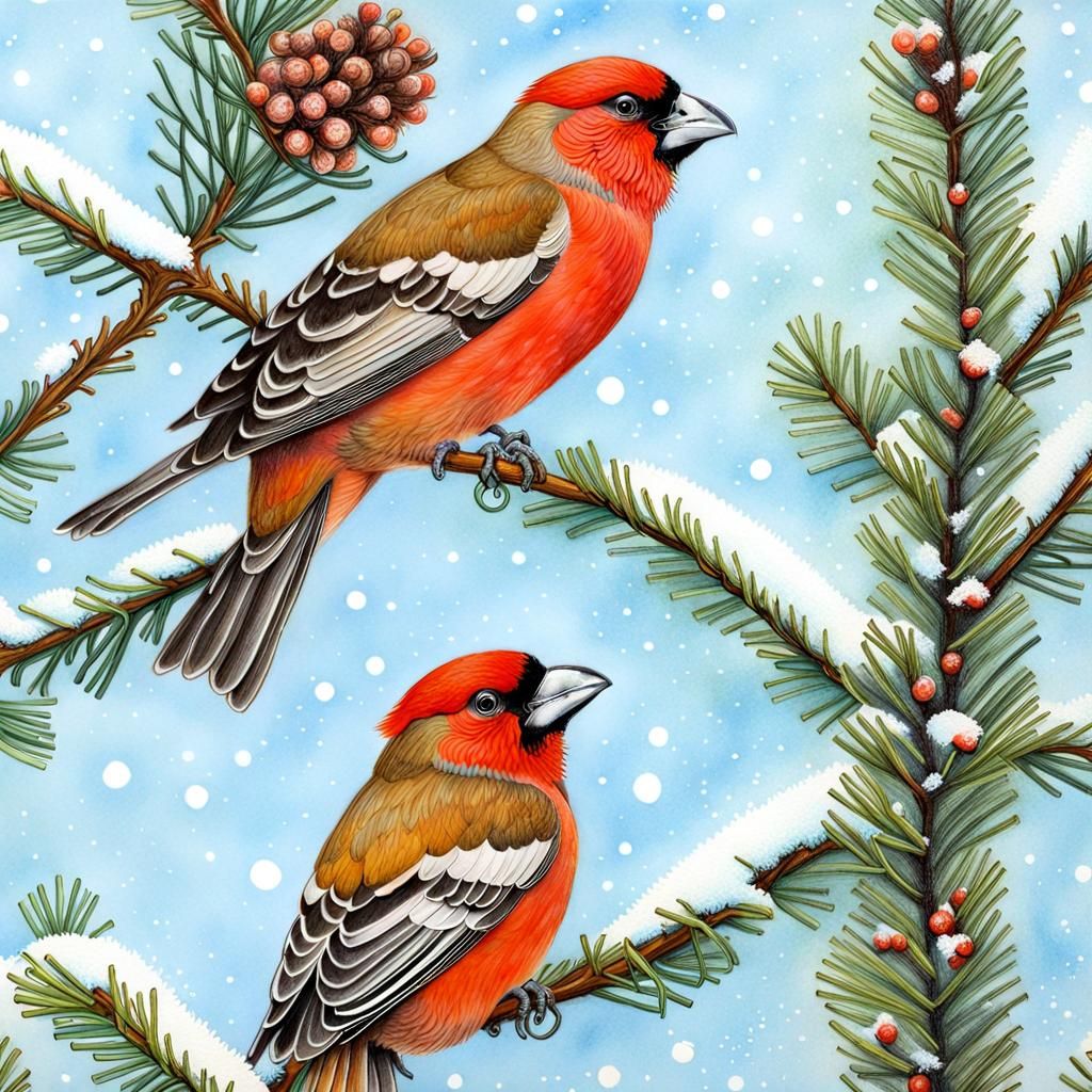 Crossbills in Winter: A Delicate Pastel Drawing