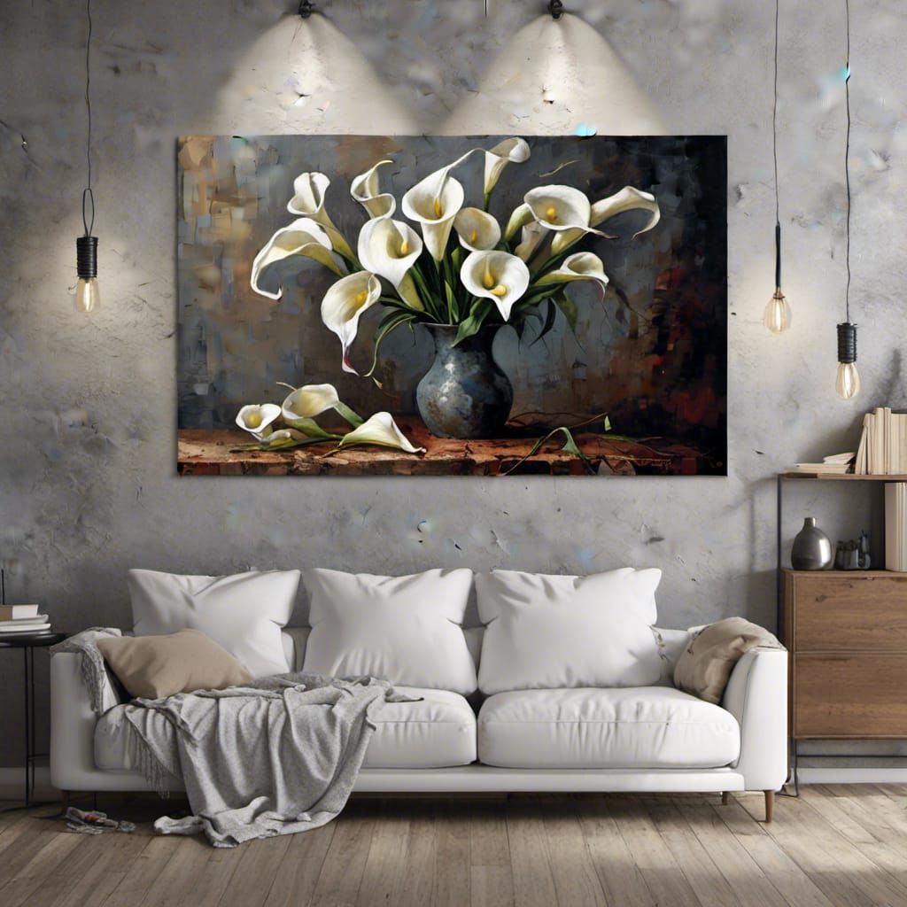 Calla Lily Bouquet Oil Painting in Grungy Room