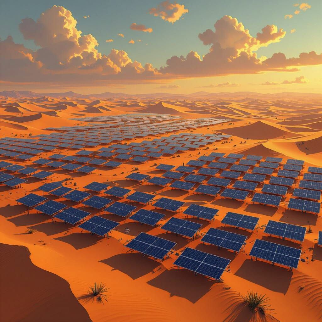 Futuristic Sahara Desert Solar Panels in Warm Golden Light