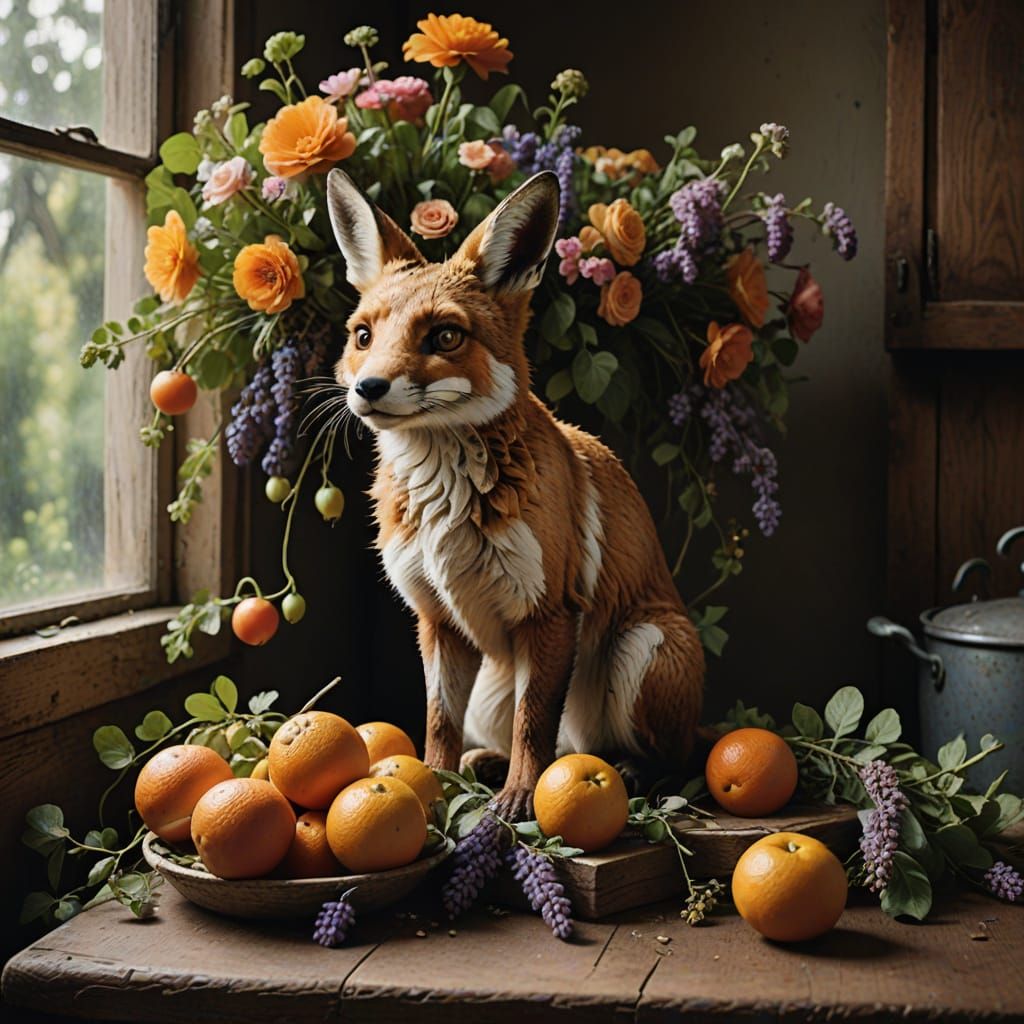 Still Life Abundance in Distressed Wicker Cornucopia