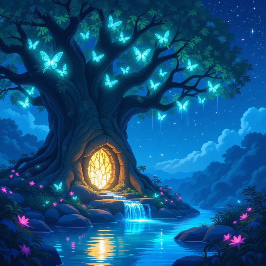 Bioluminescent Butterfly Sanctuary in Anime Style