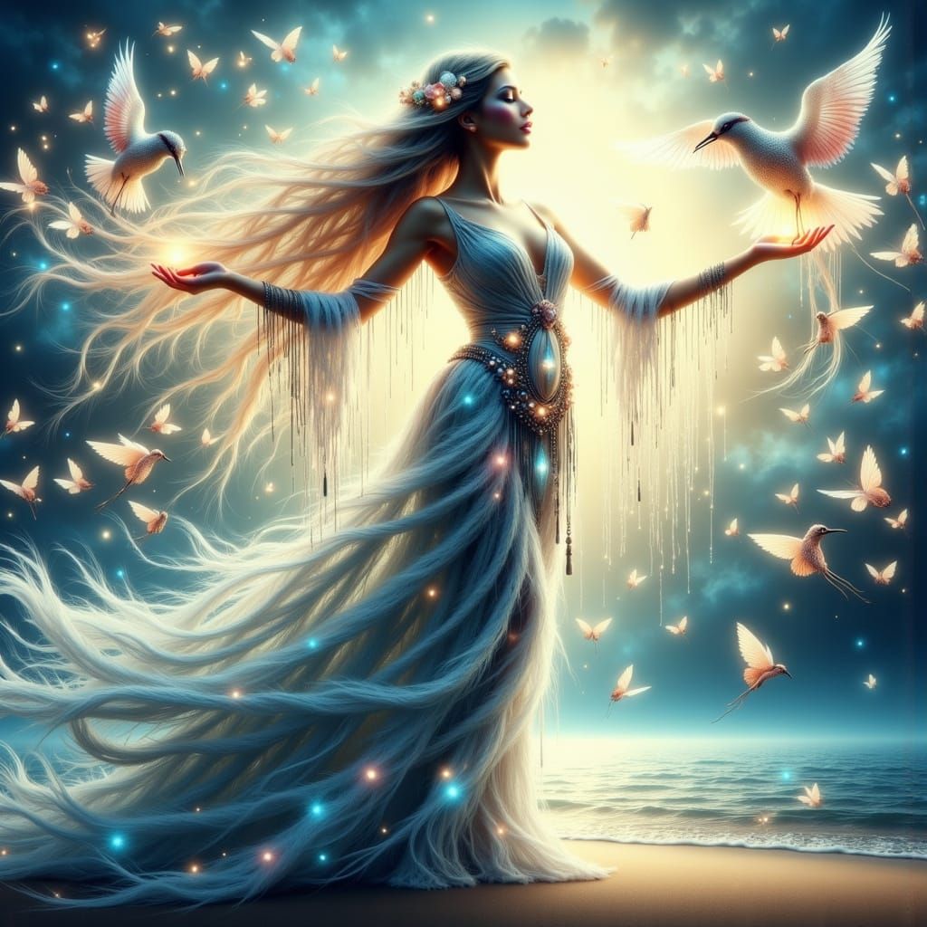 Ethereal Priestess Soars Above Luminous Lake