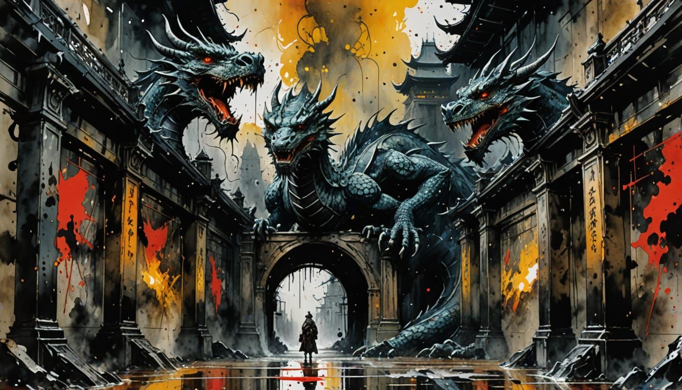 Dragon Gate Ink Drawing in Gouache Style