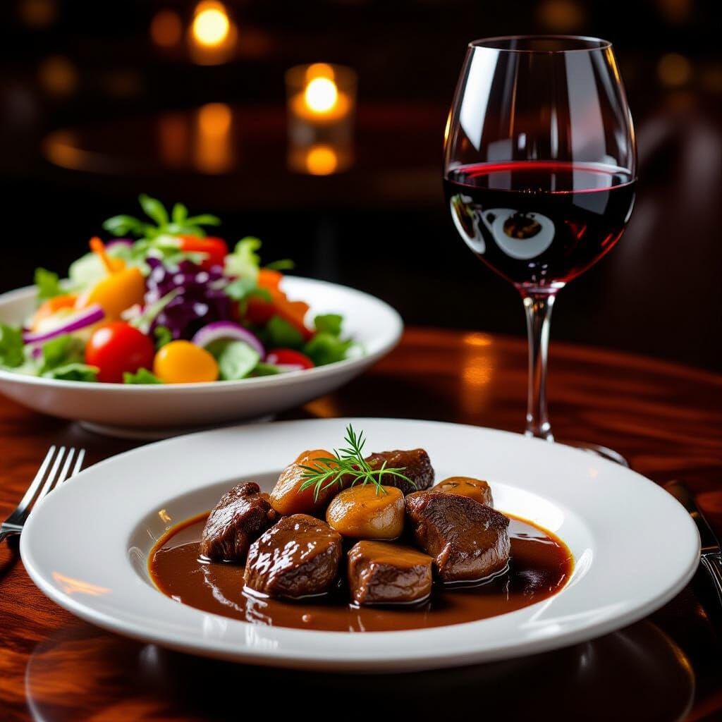 Gourmet Beef Bourguignon with Red Wine and Salad