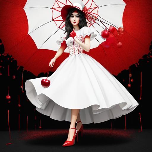 Woman in Cherry Dress with Red Umbrella