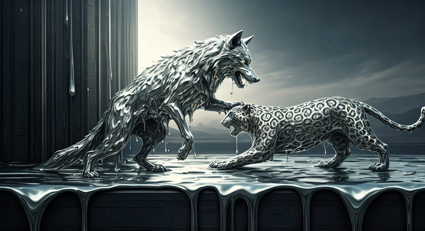 Surreal Chrome Battle Unfolds in Futuristic Cityscape