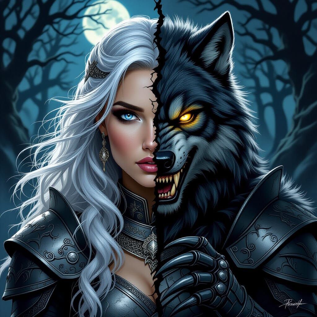 Surreal Split Portrait: Woman Transforms into Werewolf