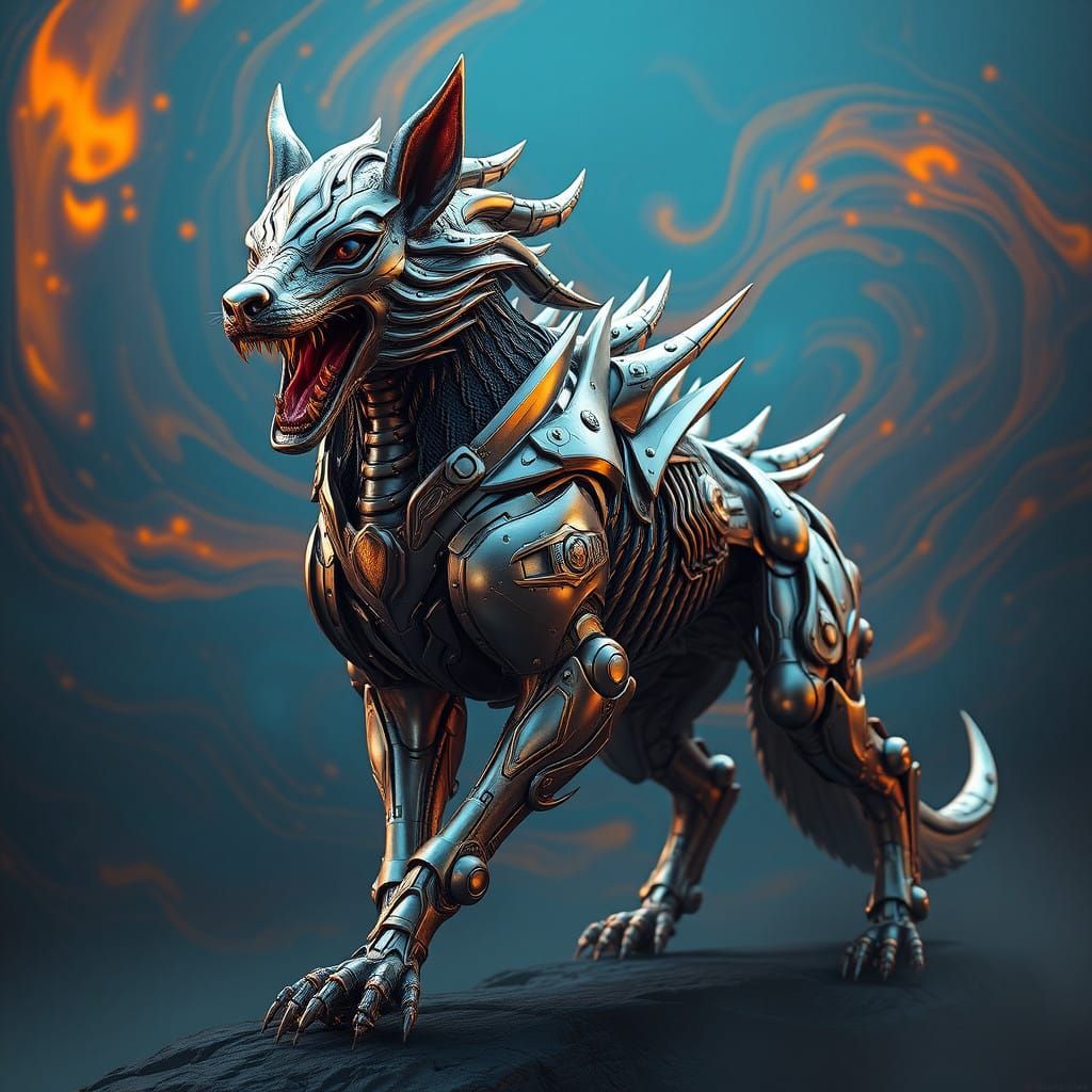 Majestic, Metallic Canine Creature in Vibrant, Fantastical L...