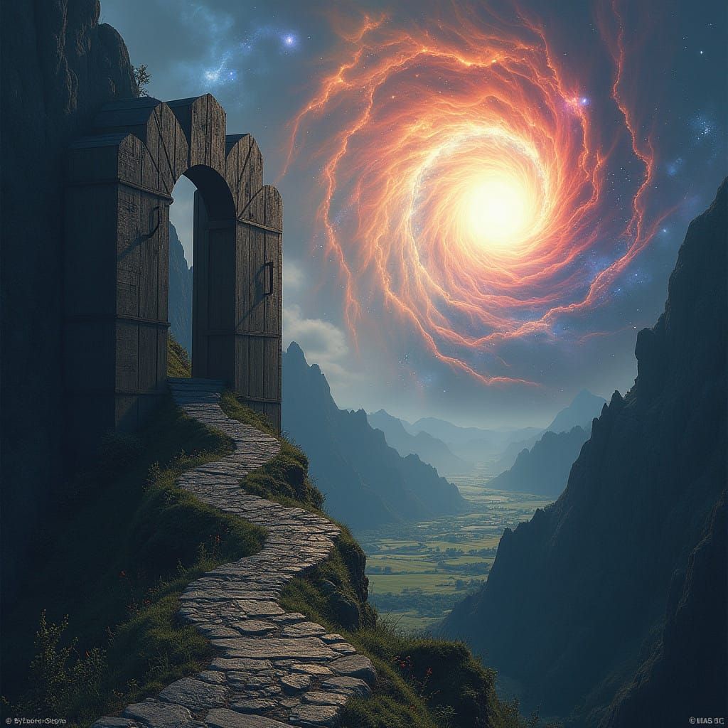 Ethereal Portal Unfolds on Treacherous Mountain Path