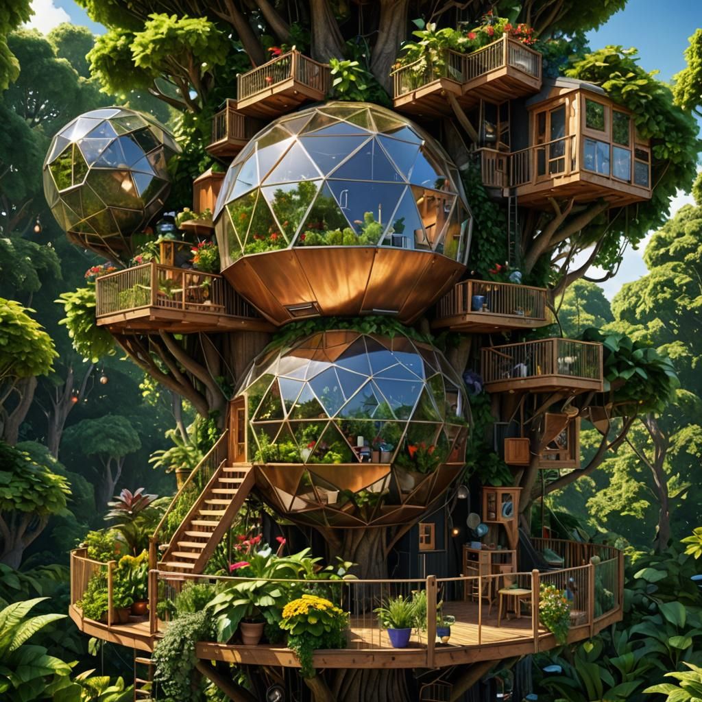 Sustainable Treehouse with Geodesic Dome and Vertical Garden