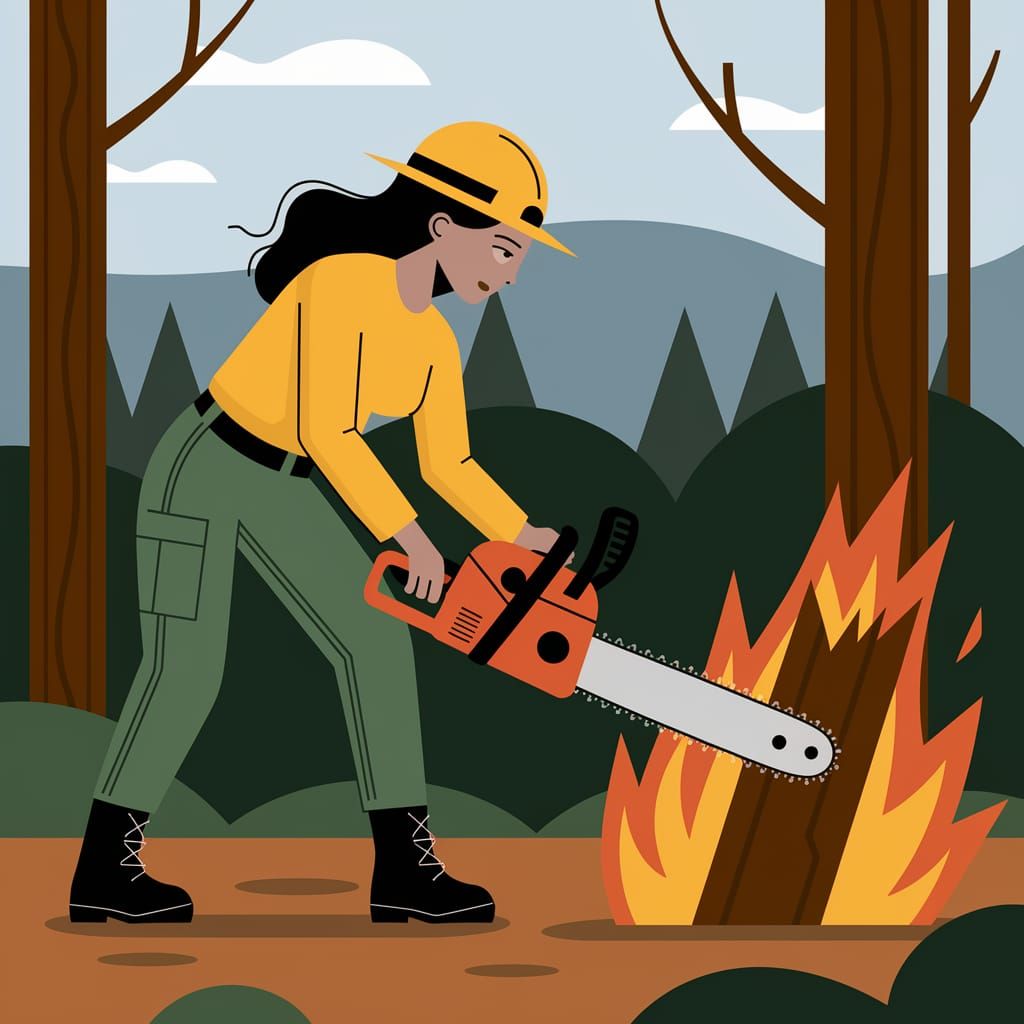 Forest Firefighter Battling Blaze With Chainsaw
