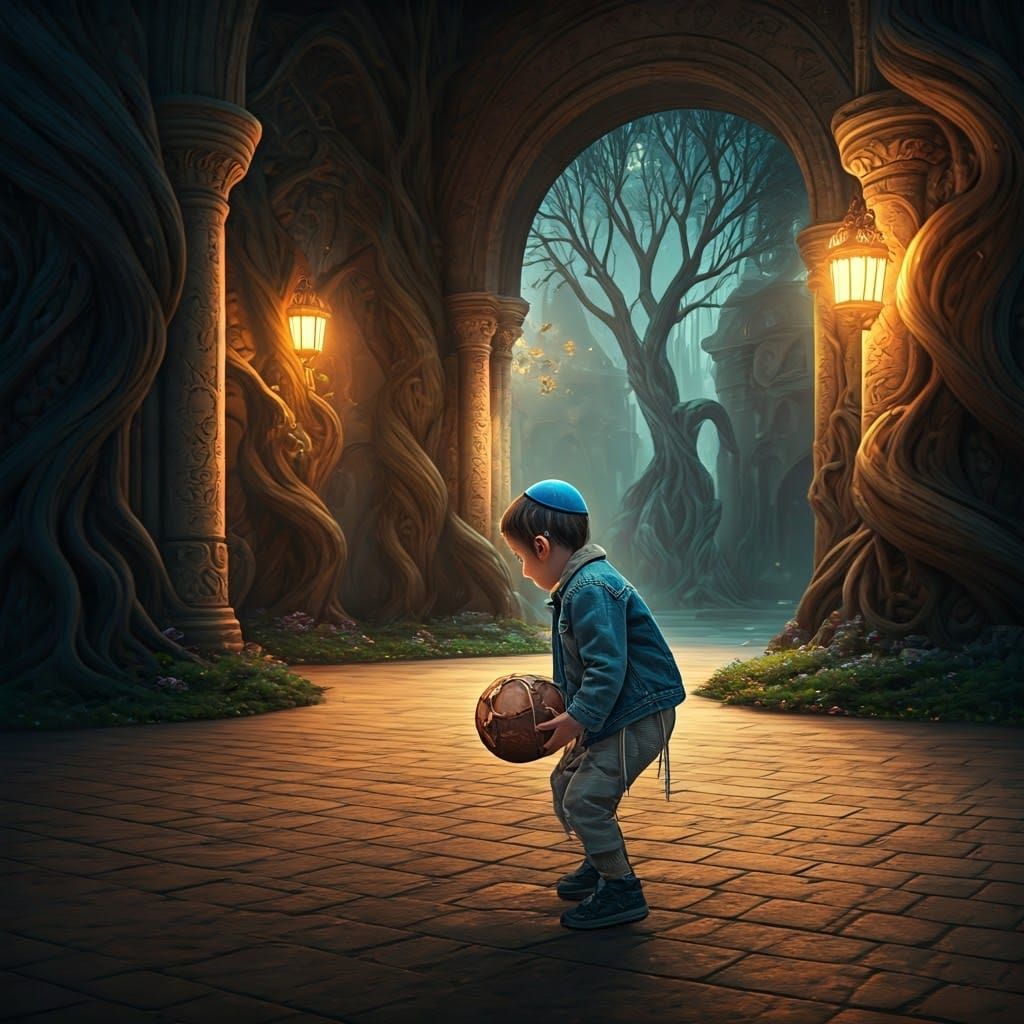 Whimsical Ultra-Orthodox Boy in Dreamlike Courtyard