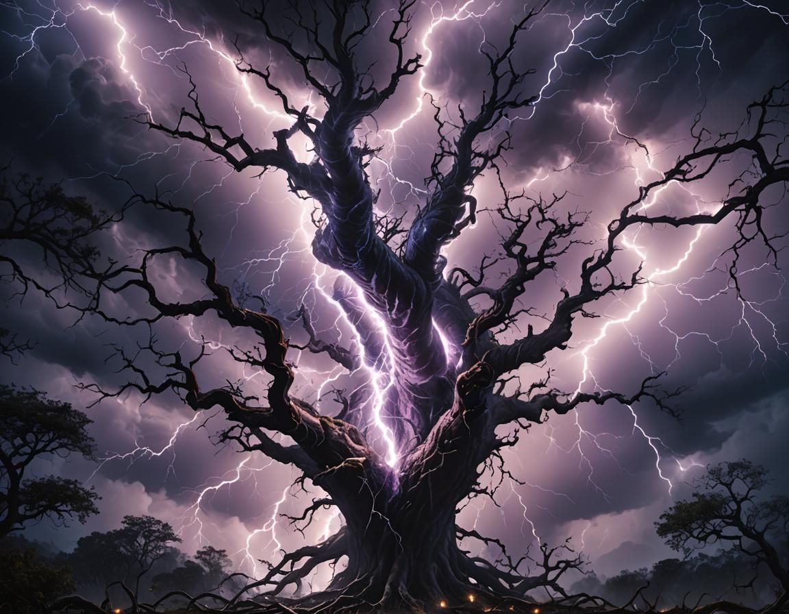 Dark Fantasy Vortex Amidst Lightning and Twisted Trees