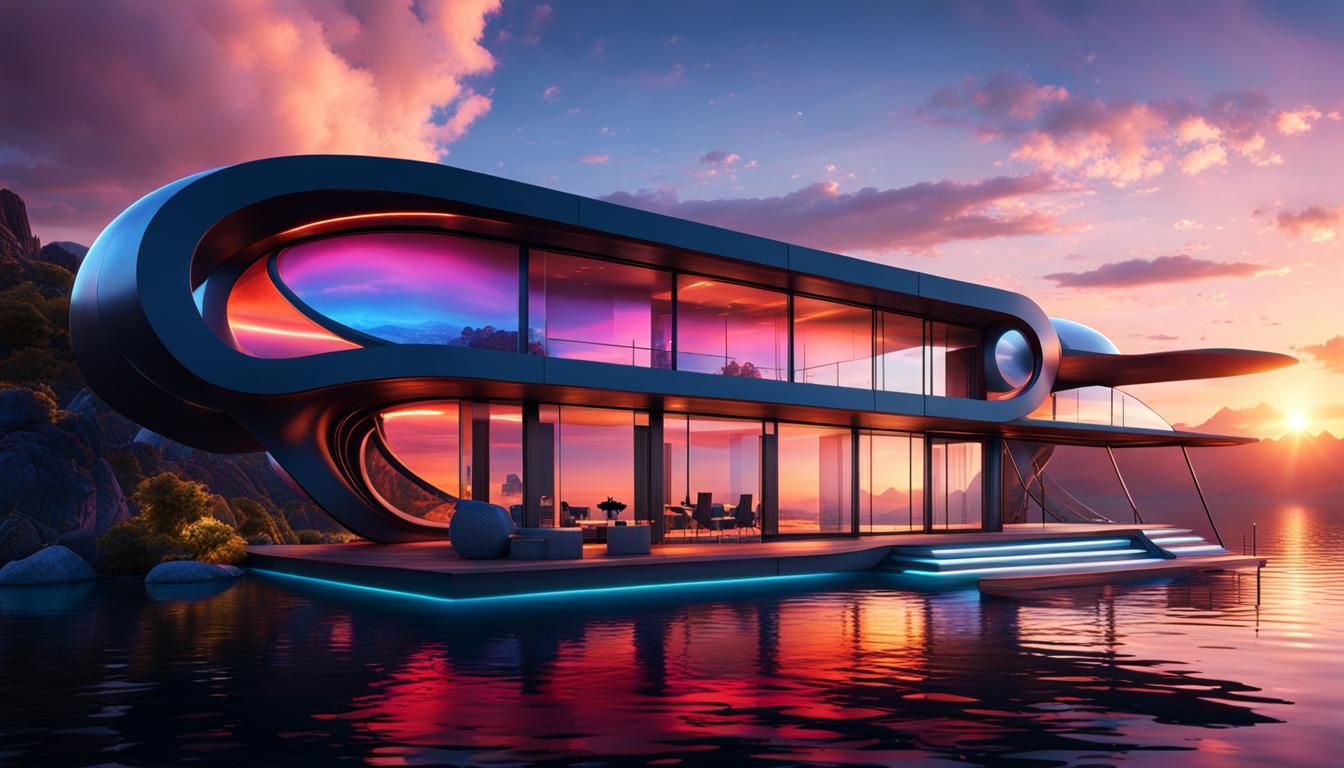 long futuristic spacy modern house, steampunk, gothic, abstract, fairy, on water with view to stunning sunset sky, detai...