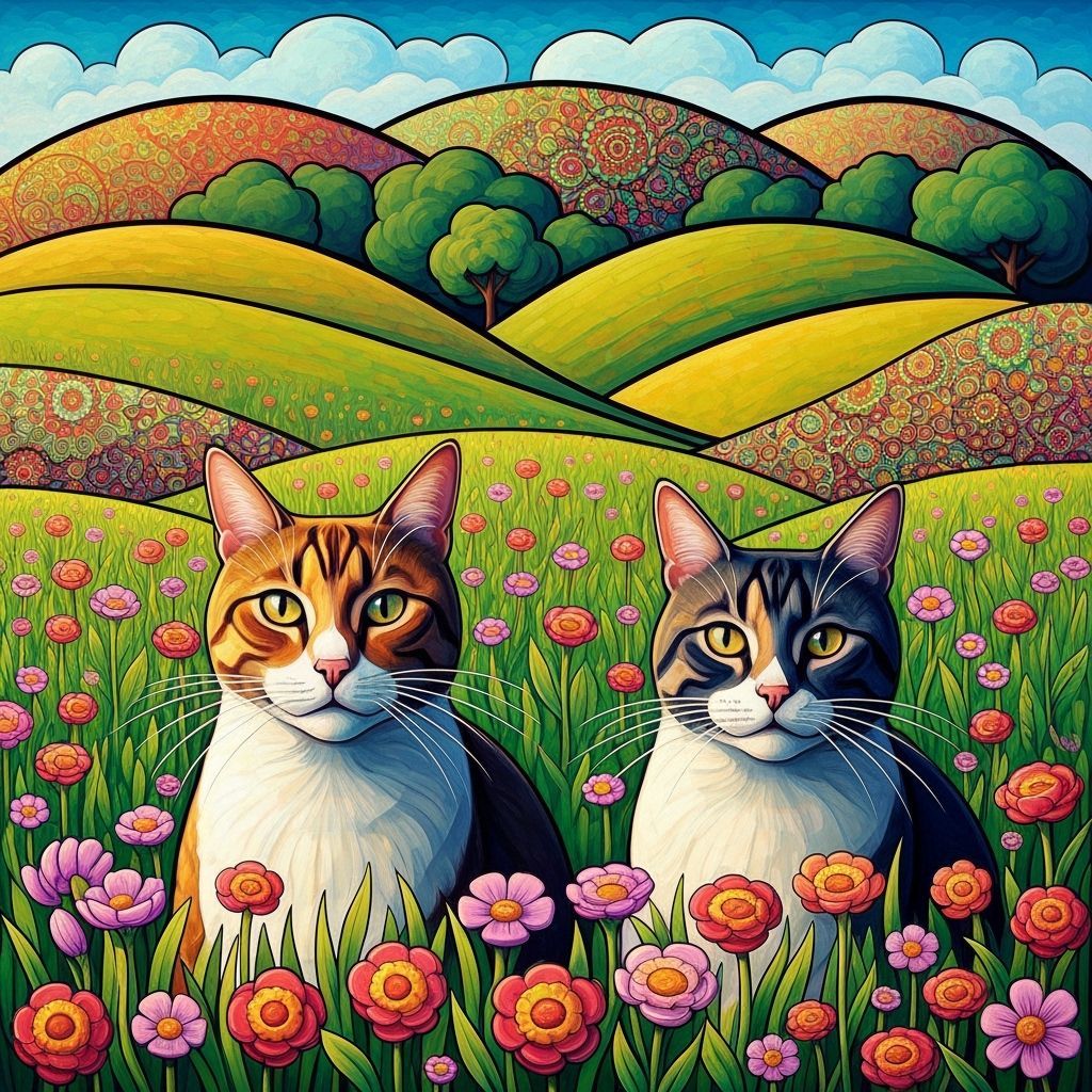 Three Cats in a Field, Cubist Abstract Style