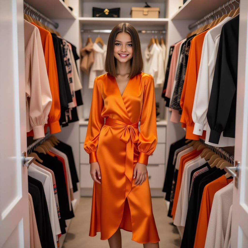 French Girl Poses in Satin Dress in Walk-In Closet