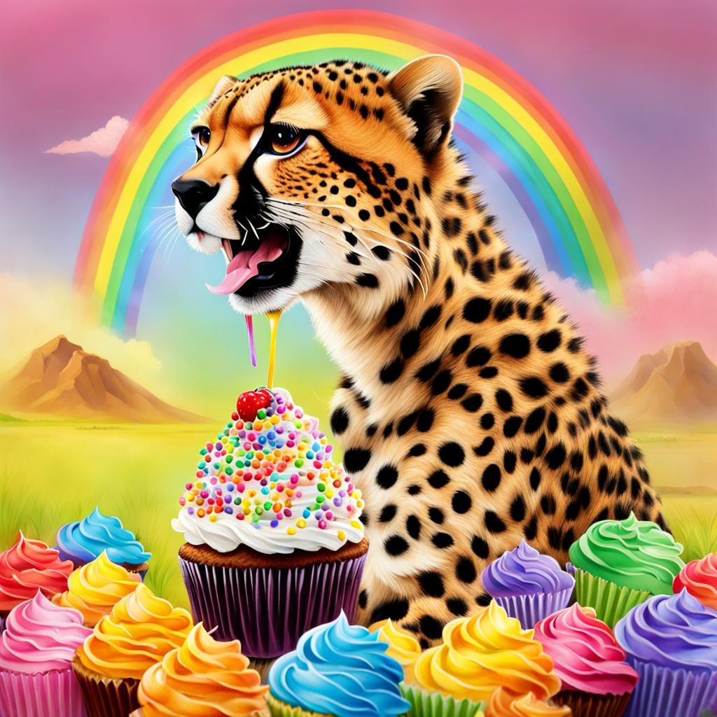 Cheetah Enjoys Rainbow Cupcake