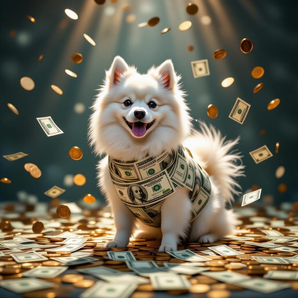 Japanese Spitz Dog Made of Money with Exploding Currency