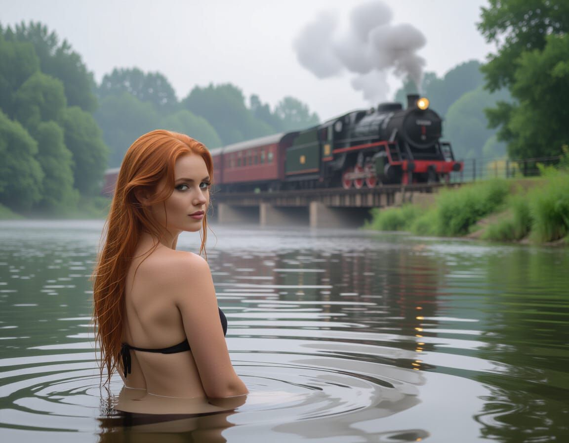 Seductive Ginger Woman Bathing at Dawn