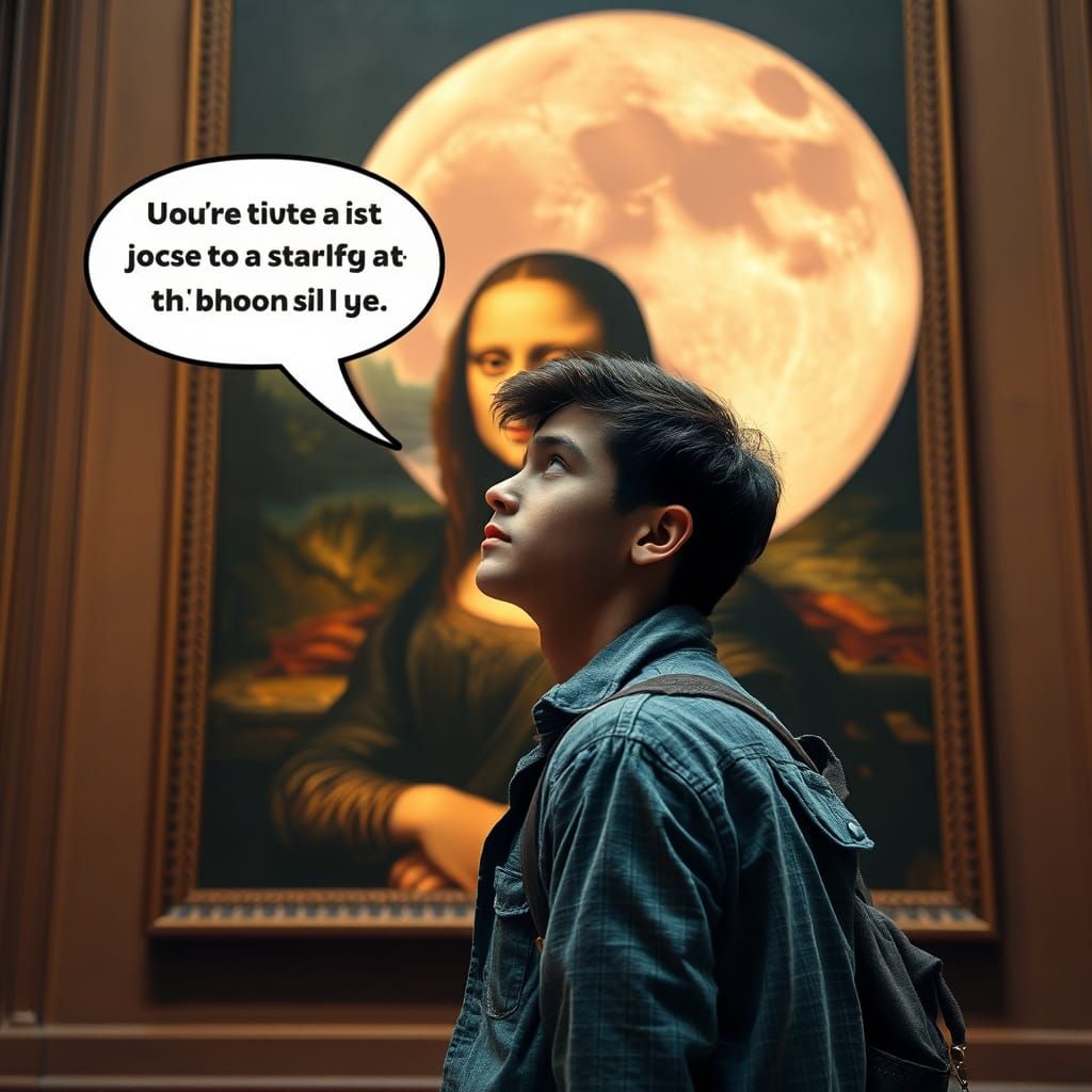 Man and Mona Lisa with Personified Moon